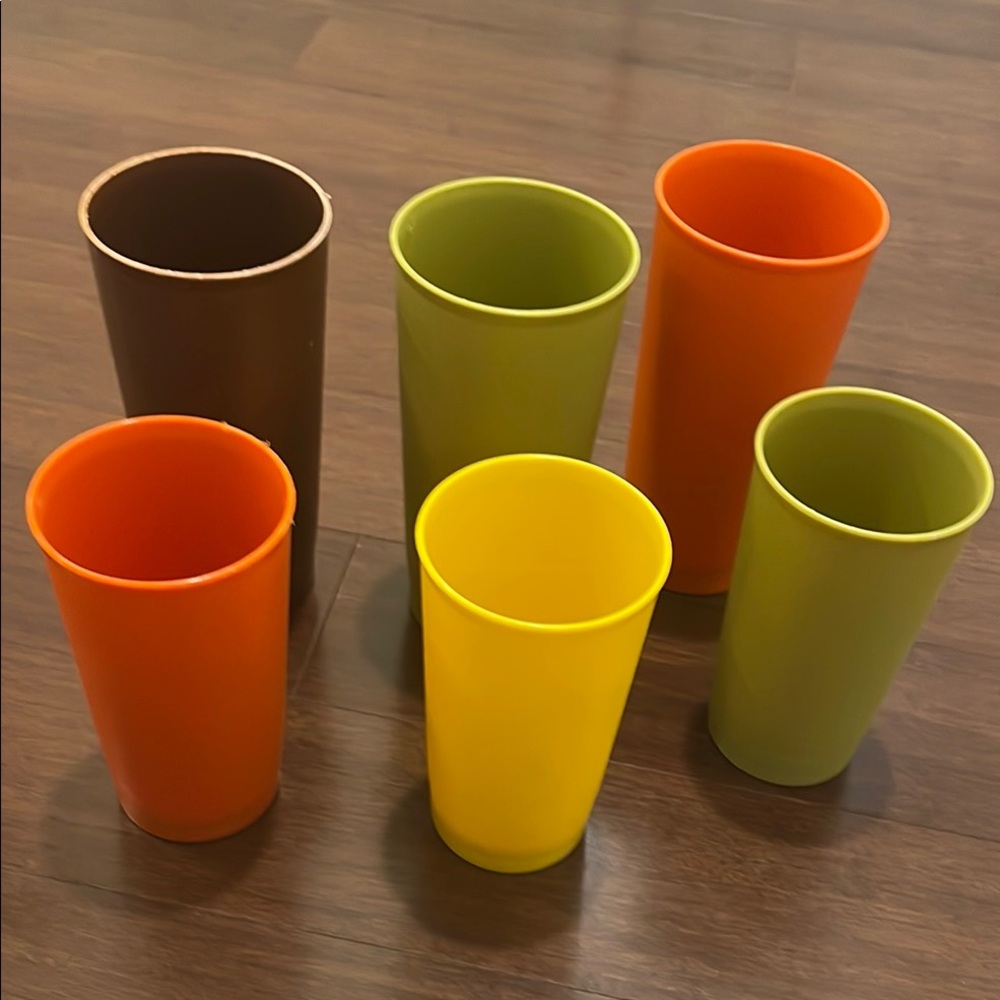 Vintage Tupperware Textured Tumblers Yellow Green Orange Brown Drinking Glasses